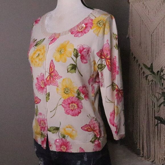 August Silk | Floral Button Up Silk Cardigan Small - Picture 1 of 8